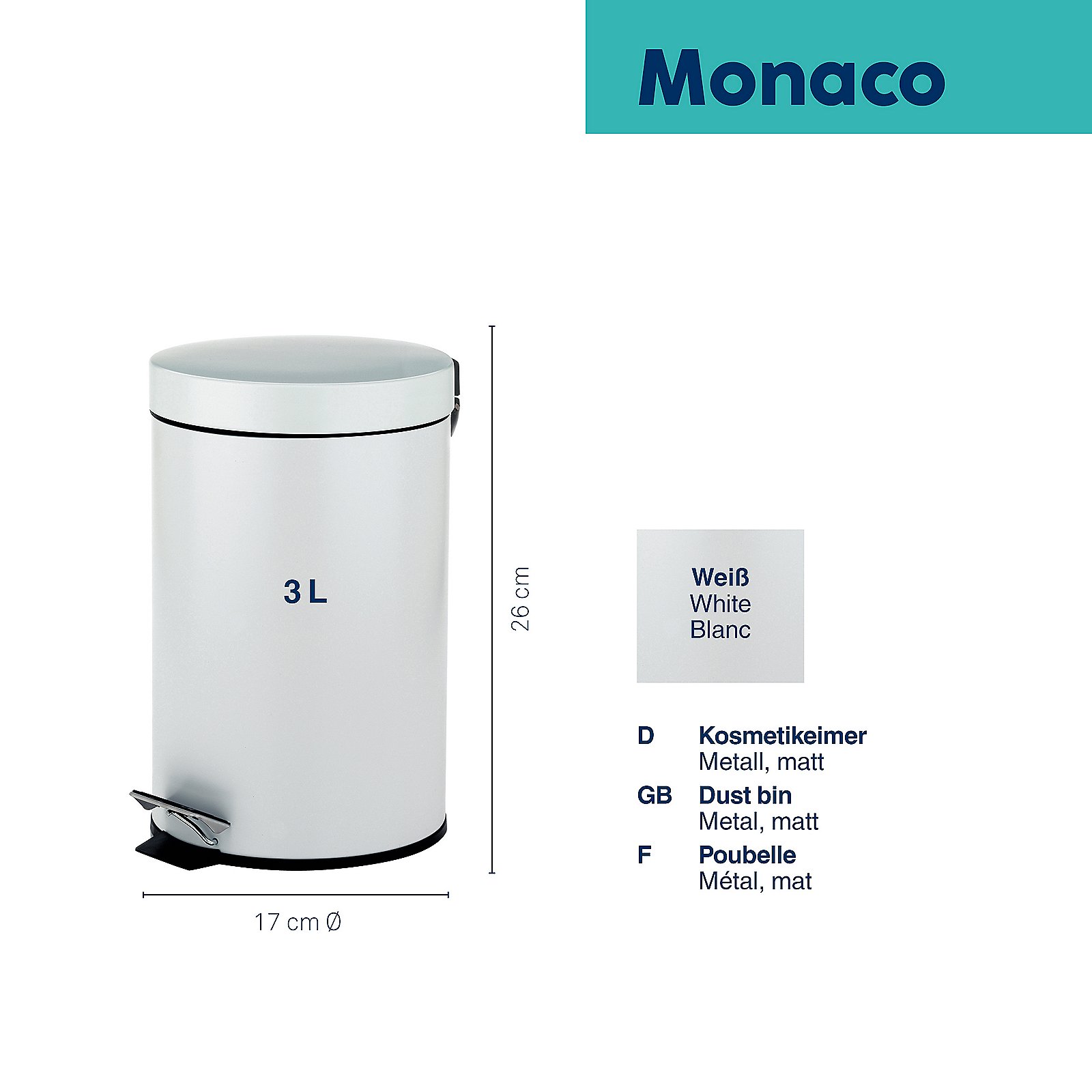 Kela Kosmetikeimer Monaco ROSE in Metall weiß 26cm 17cm 3l, Mülleimer, Kücheneimer, Metall, Weiß, 3L