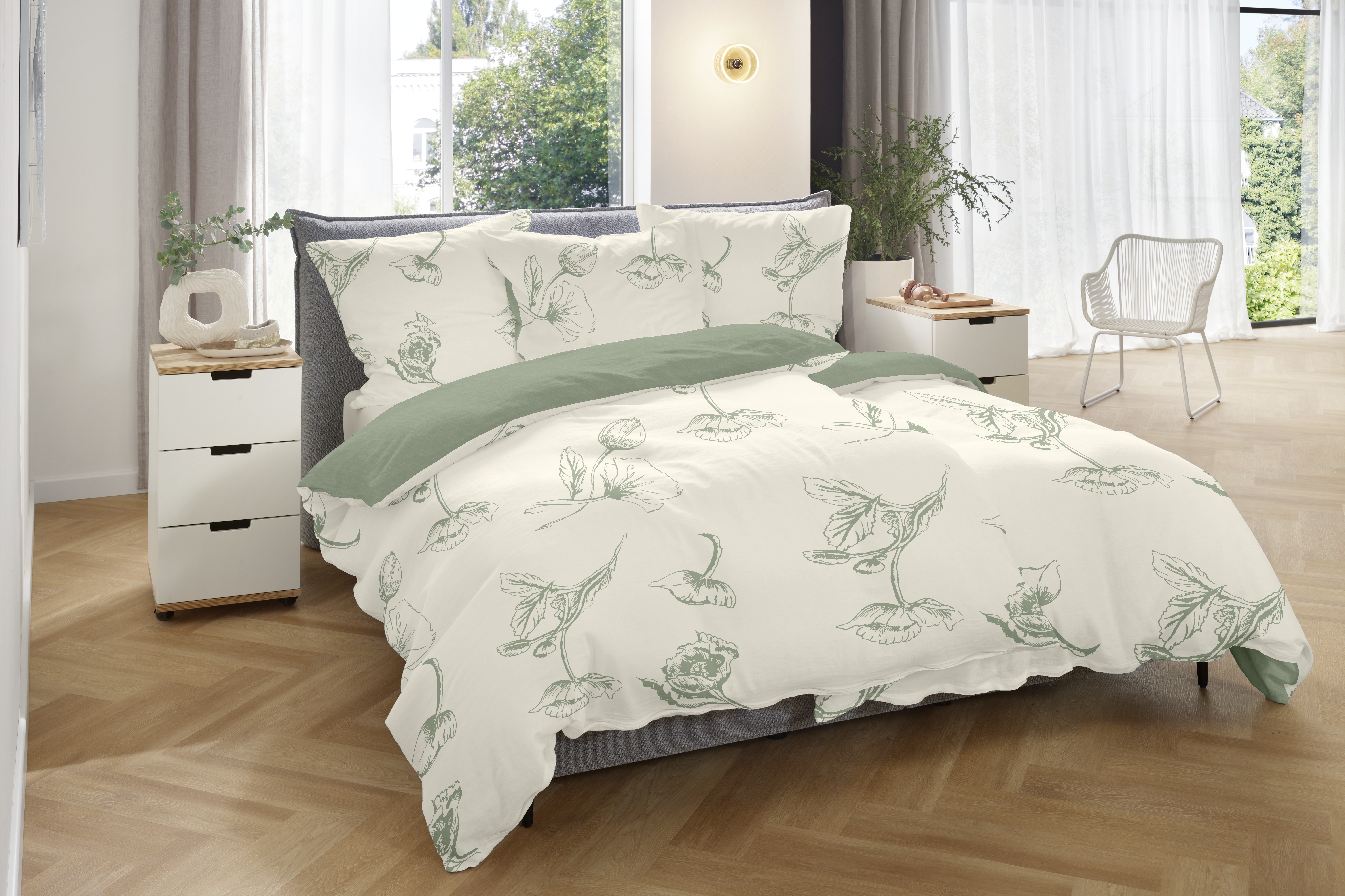 Hahn Haustextilien Halbleinen-Bettwäsche 155x220 ca. 155x220cm, Kopfkissen ca. 80x80cm in Farbe grün/weiß