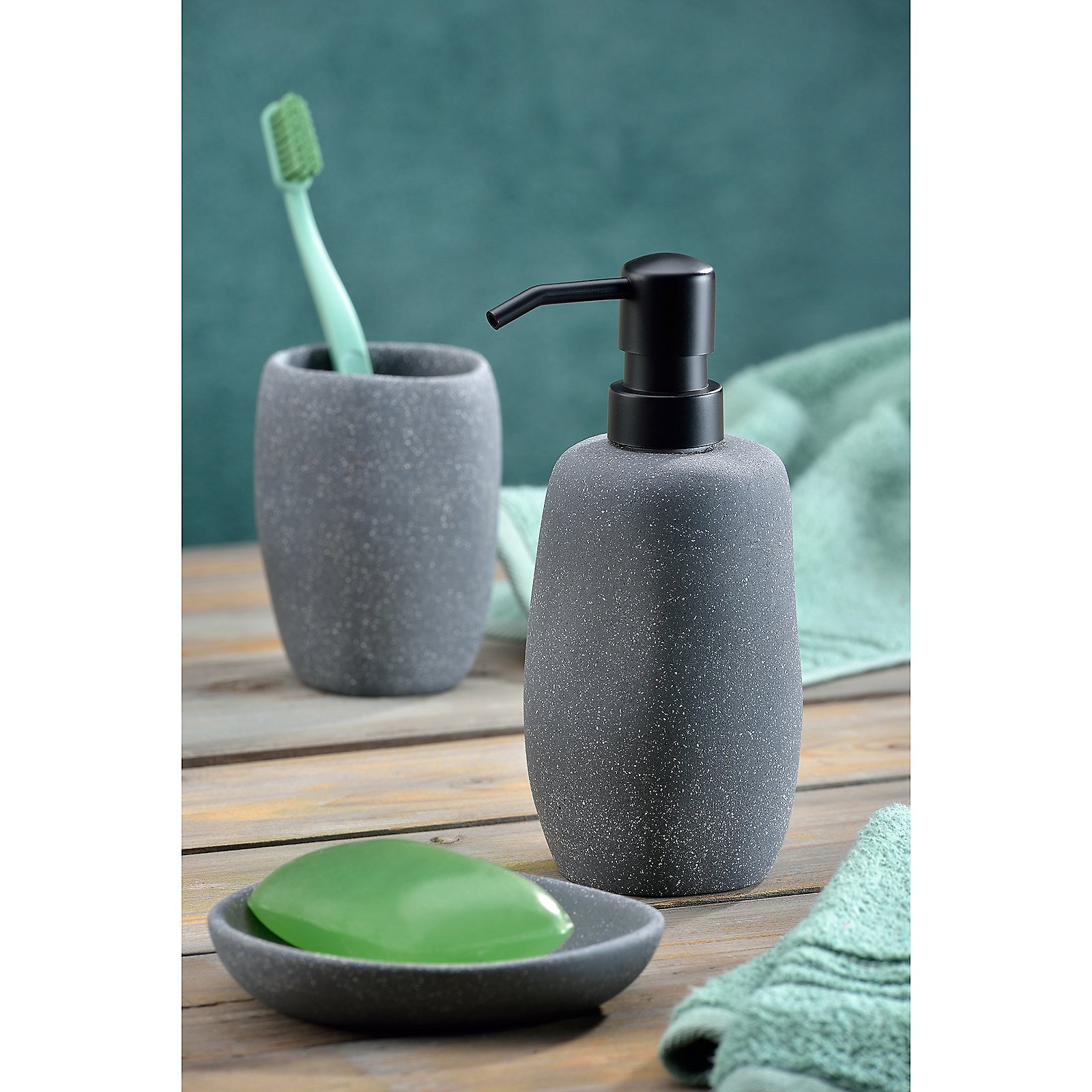 Kela WC-Garnitur Roda grau RODA in Grau, Seifenspender, Spender, Waschraum, Waschmittelspender, Granitoptik, Waschmittelspender, Seifenspender, Griff?, Steinoptik, grau speckled