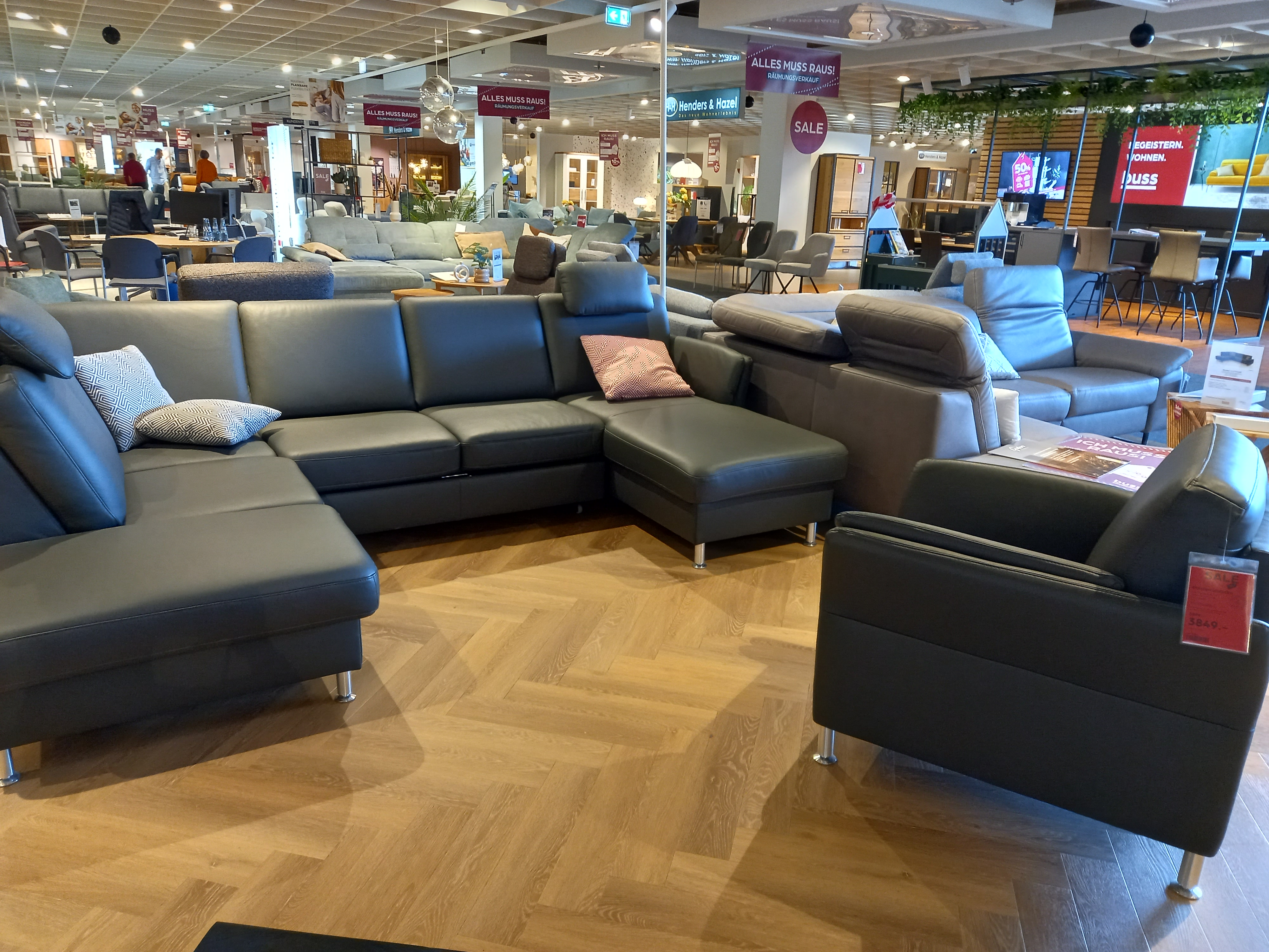 Polsterrundecke in Leder Torro anthrazit 100, Wohnlandschaft, Sofasystem, Ledersofa, Ecksofa, Holzboden