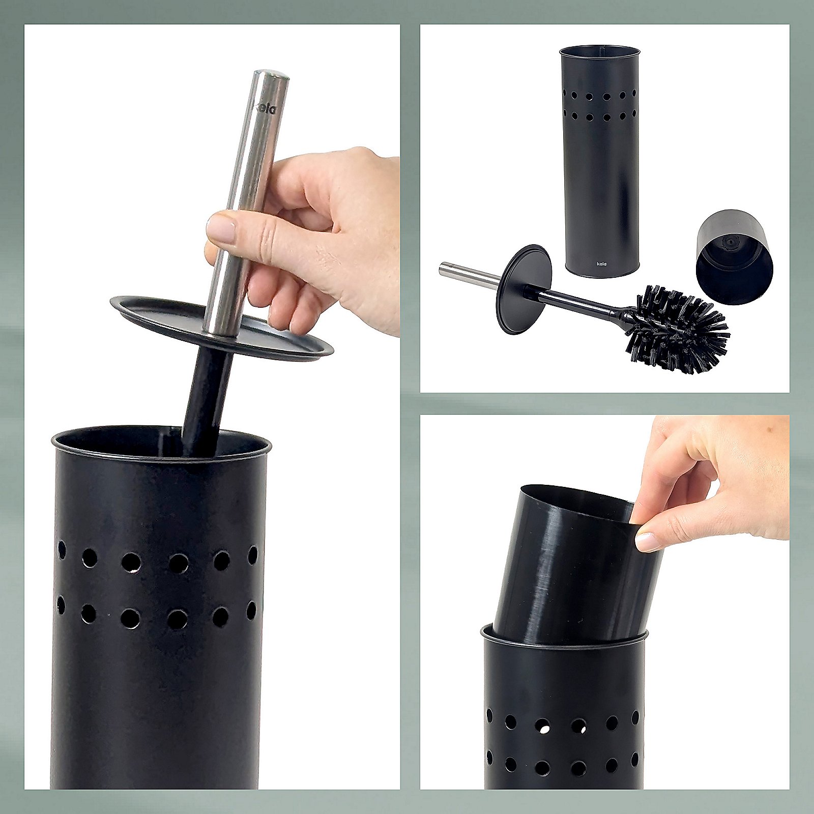Kela WC-Garnitur LEO in Farbe Schwarz, Trommelbürste, Ausziehstab, Perforierte Hülse, Kunststoffbehälter, Reinigungszubehör, Toilettenpapierhalter, Aufbewahrungsständer, Bürstenhalter, Perforierte Hülle, Reinigungszubehör
