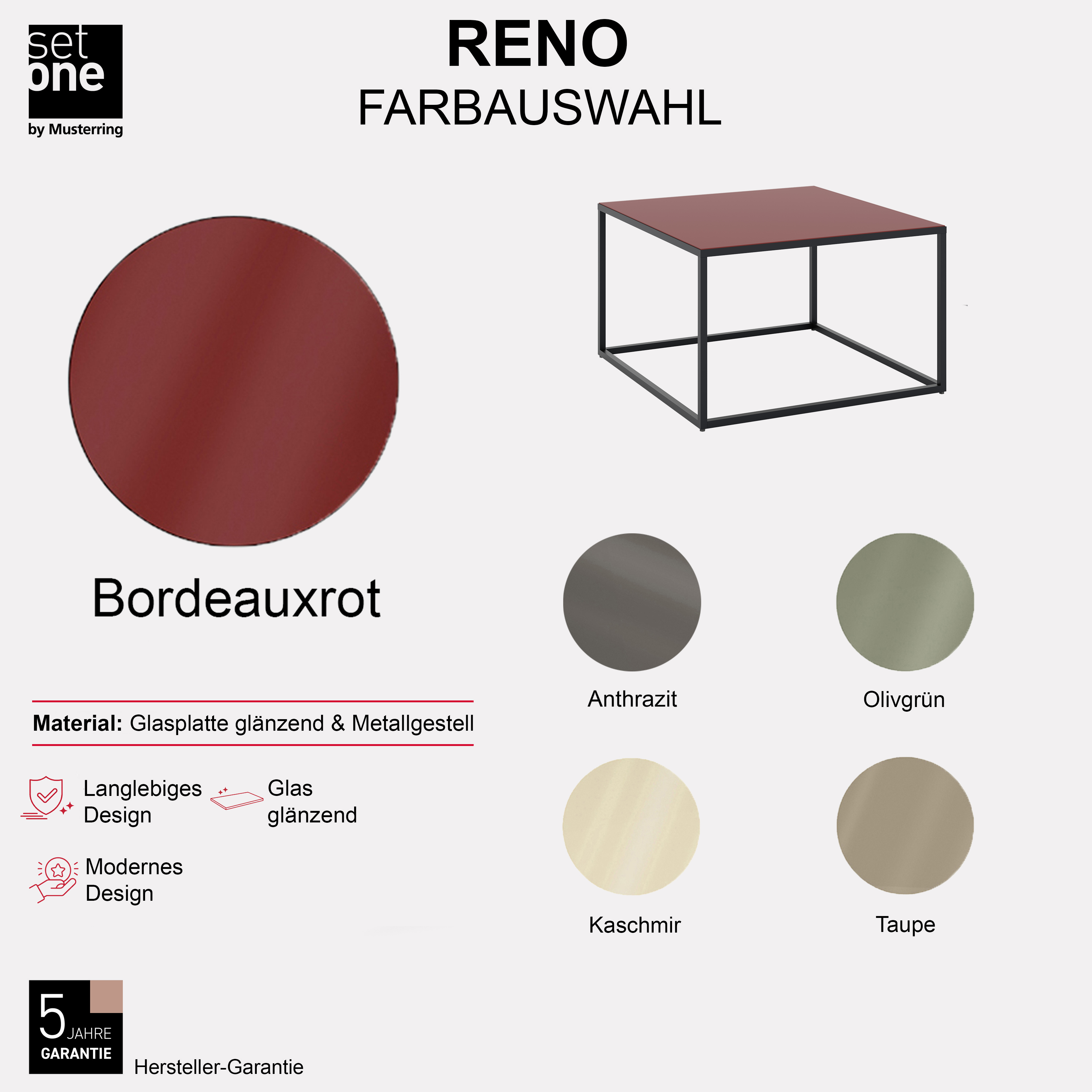 Set One by Musterring Couchtisch RENO in Platte rot/Gestell Metall graphit schwarz, Bordeauxrot, Glasplatte, Tischboden, Anthrazit, Kaschmir