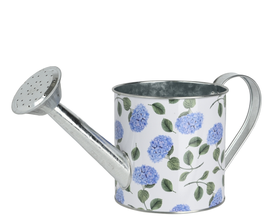 Kaemingk Giesskanne 15 cm  ca. B12 H15 T29,5 cm in Zink weiß, Gießkanne, Metall, Blumenmuster, Blaue Hortensien, Silberner Ausguss