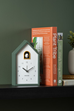Wecker MODERN CUCKOO in Fb. jungle green, 12x20x6cm, Kuckucksuhr, Wanduhr, grüner Schrank, HolzUhr, Nostalgie-Uhr