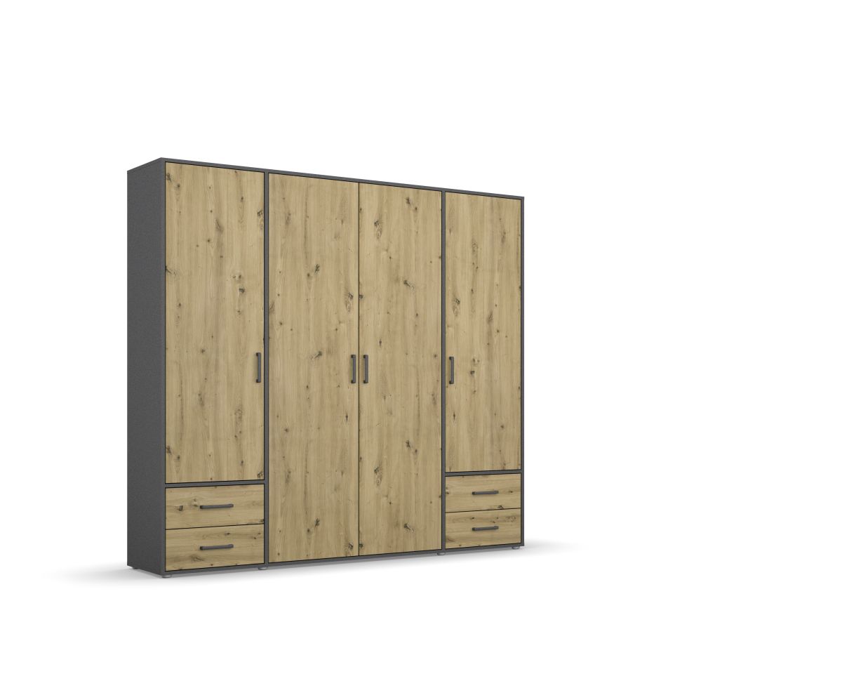 Rauch Drehtürenschrank VOYAGER 4-türig in Dekor-Druck Eiche Artisan/grau-metallic