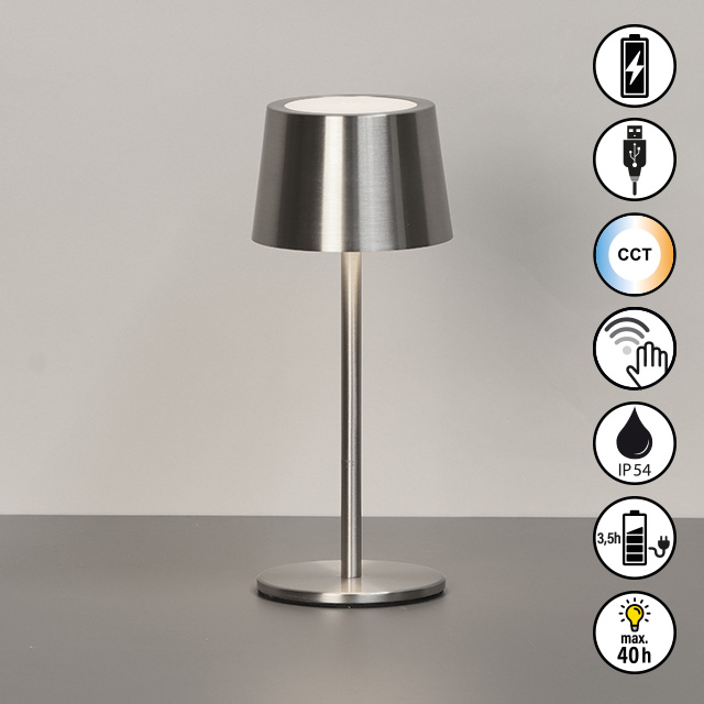 FH Lighting Tischleuchte BELLUNO in nickelfarben, Akku, USB-Kabel, Tischlampe, Metall, Silbern, Schreibtischlampe, Glaskopf?