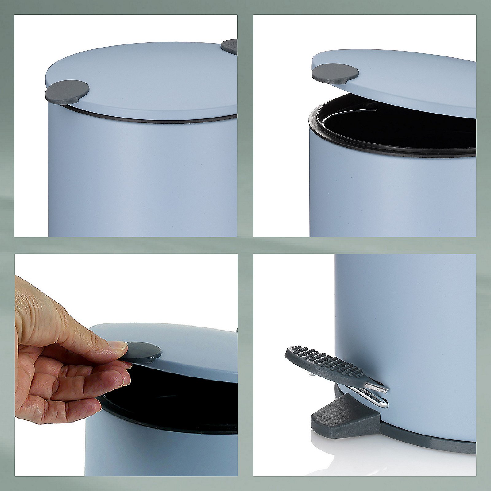 Kela Kosmetikeimer MATS in Farbe Nebelblau, Abfalleimer, Mülleimer, Pedalöffner, stabil, rund, Abfalleimer, Mülleimer, Schwungdeckel, Pedalbetrieb, Metall