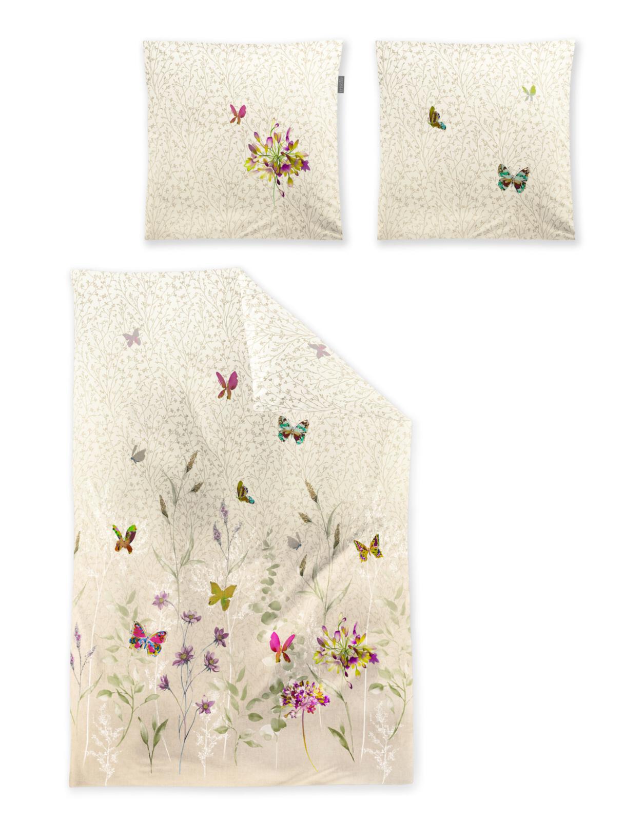 irisette Mako Satin Bettwäsche 135x200, Kissenbezug, Blumenmuster, Schmetterlinge, Beige Hintergrund, Vorrichtungszubehör?