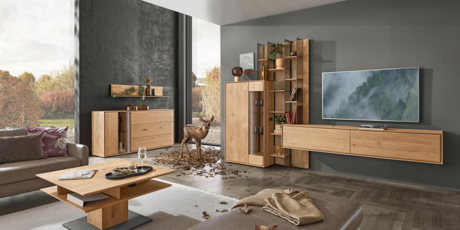 Hartmann Wohnkombination VALA in Kerneiche Natur, massiv Hartmann Wohnkombination VALA in Kerneiche Natur, massiv, Wohnzimmer, Möbelset, Holzoptik, TV-Lowboard, Dekoration