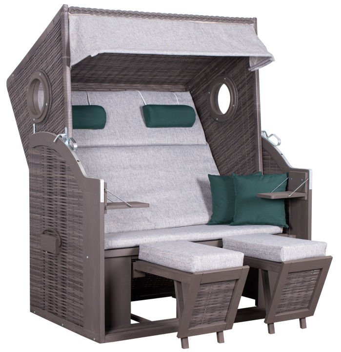 Strandkorb in Farbe PE grey, Gartenstuhl, Sonnenliege, Sitzgruppe, Rattan, Kissen