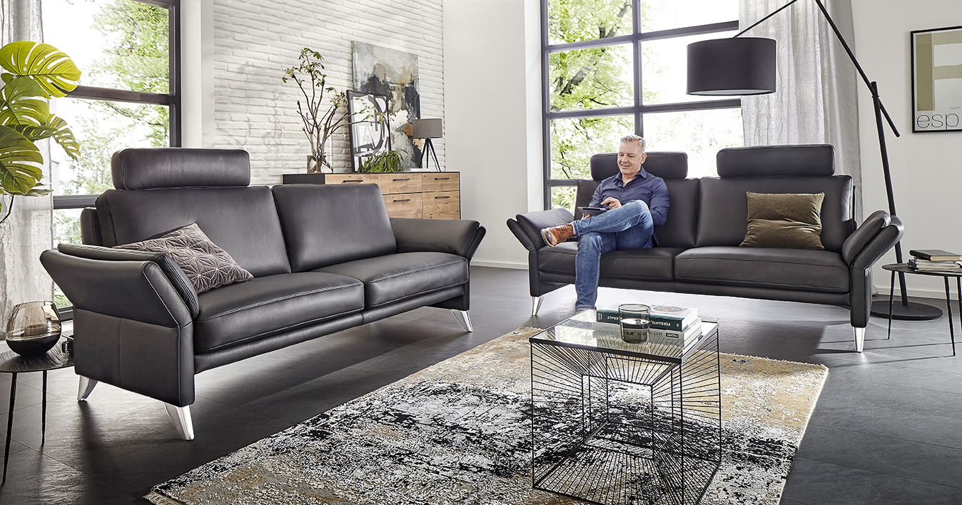 Wima Sofa Verona ca. 200 cm in Leder Winova schwarz/Füße Alu