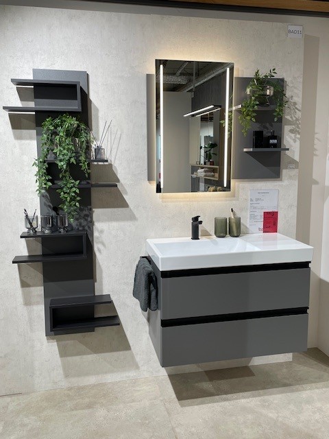 Badkombination Front 891 quarzgrau matt, Waschtisch, Waschbecken, Badezimmermöbel, Spiegelschrank, Frischelemente