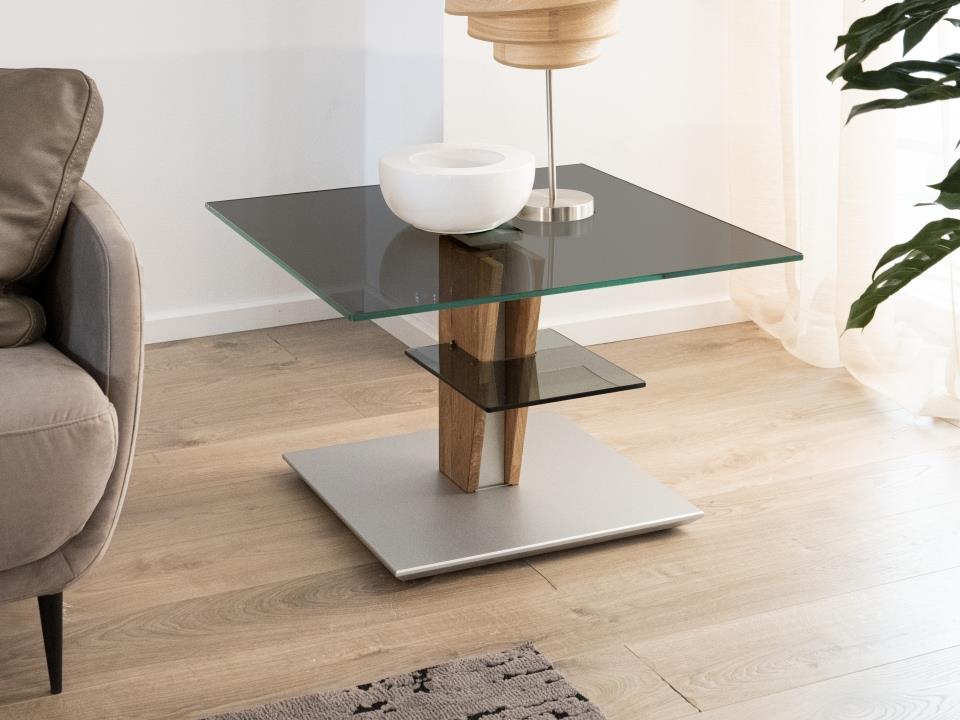 Vierhaus Couchtisch höhenverstellbar, ca. 70 x 70 x 47 - 65 cm in Wildeich geölt mit Parsolglasplatte