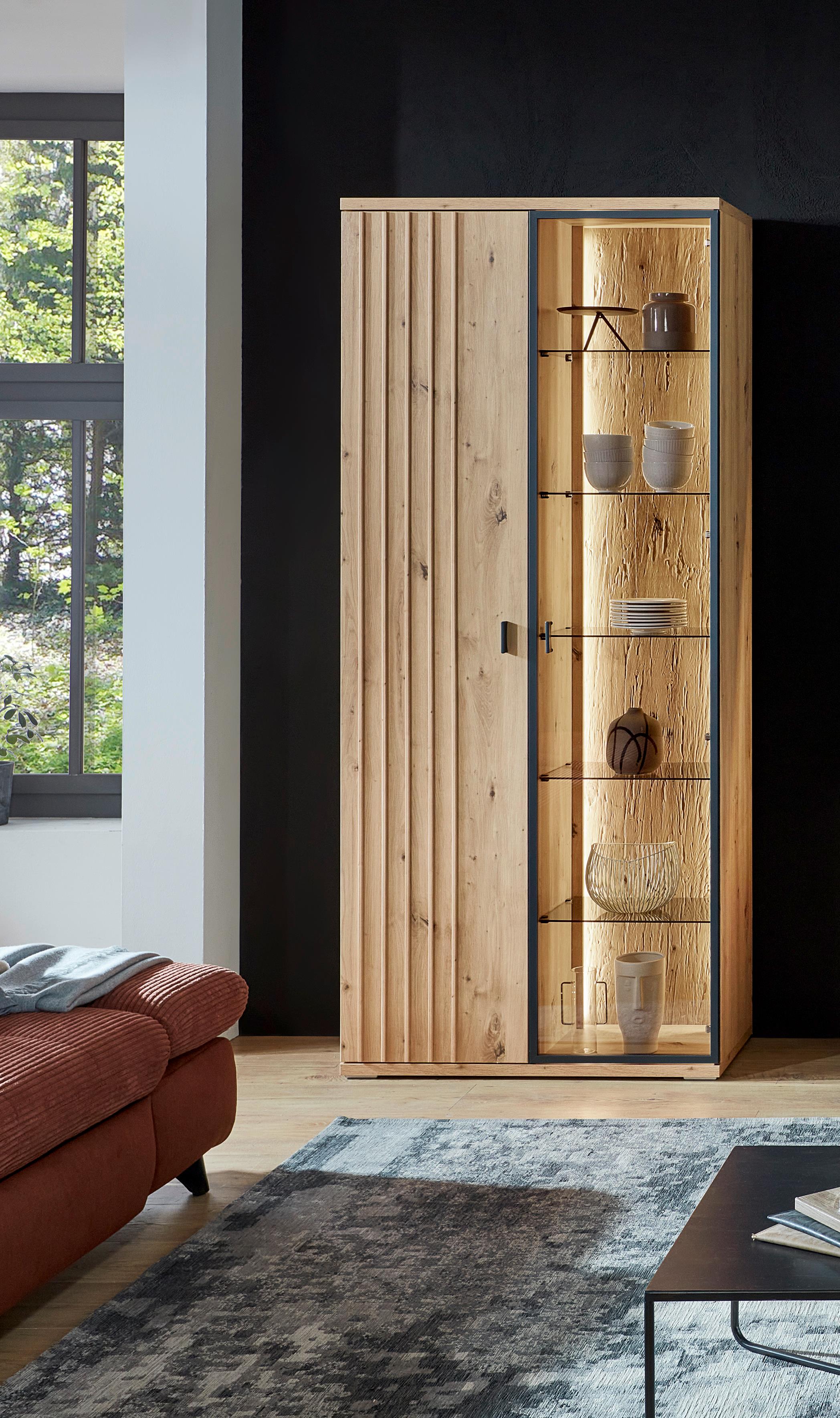 Vitrine BINZ in Holzfarben Vitrine BINZ in Holzfarben, Vitrine, Glasvitrine, Holzschrank, Wohnzimmer, Regal mit Glasfront