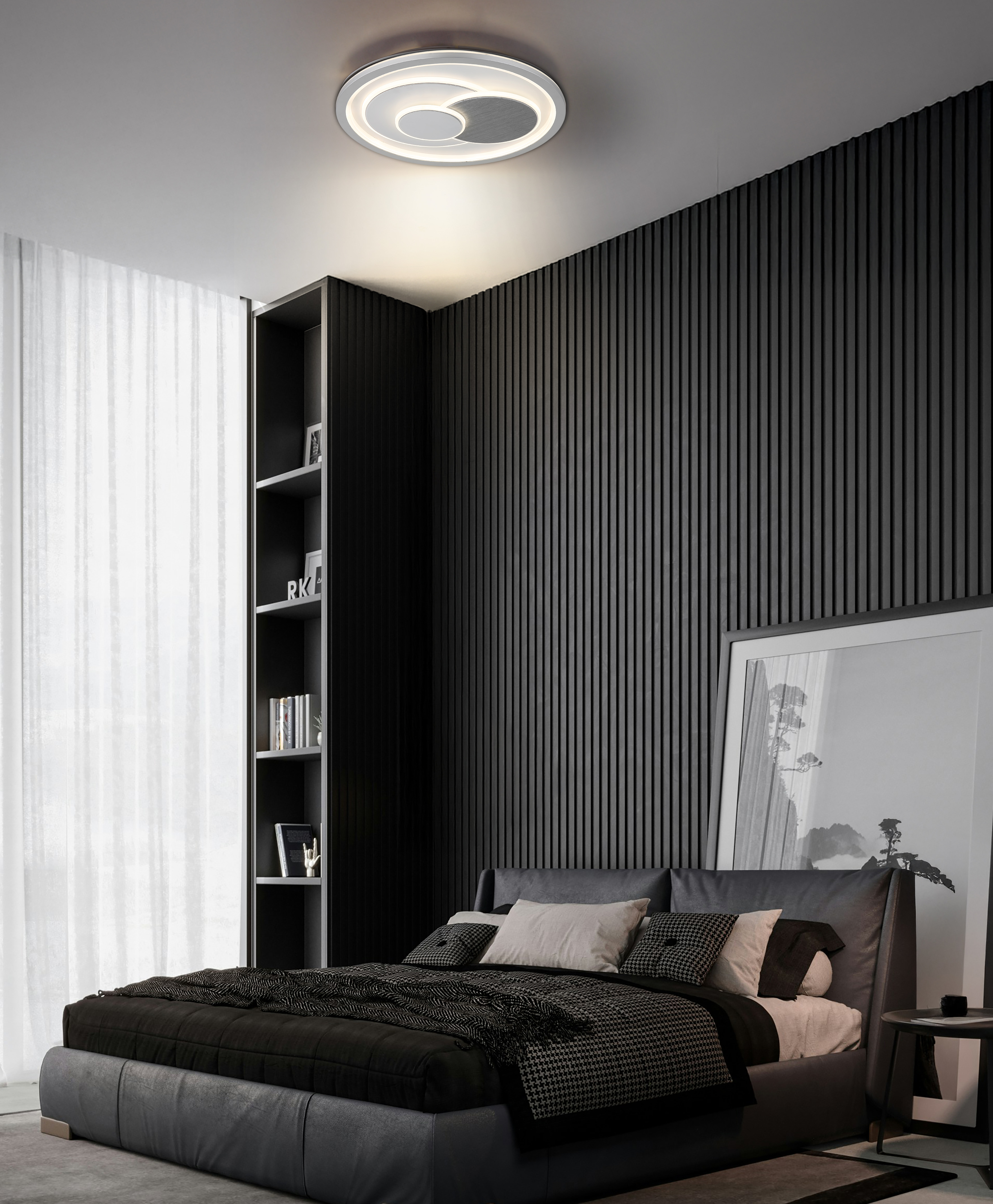 LED-Deckenleuchte in Fb. Weiß Matt, Schlafzimmer, Bett, Dunkelheit, Wandverkleidung, Beleuchtung