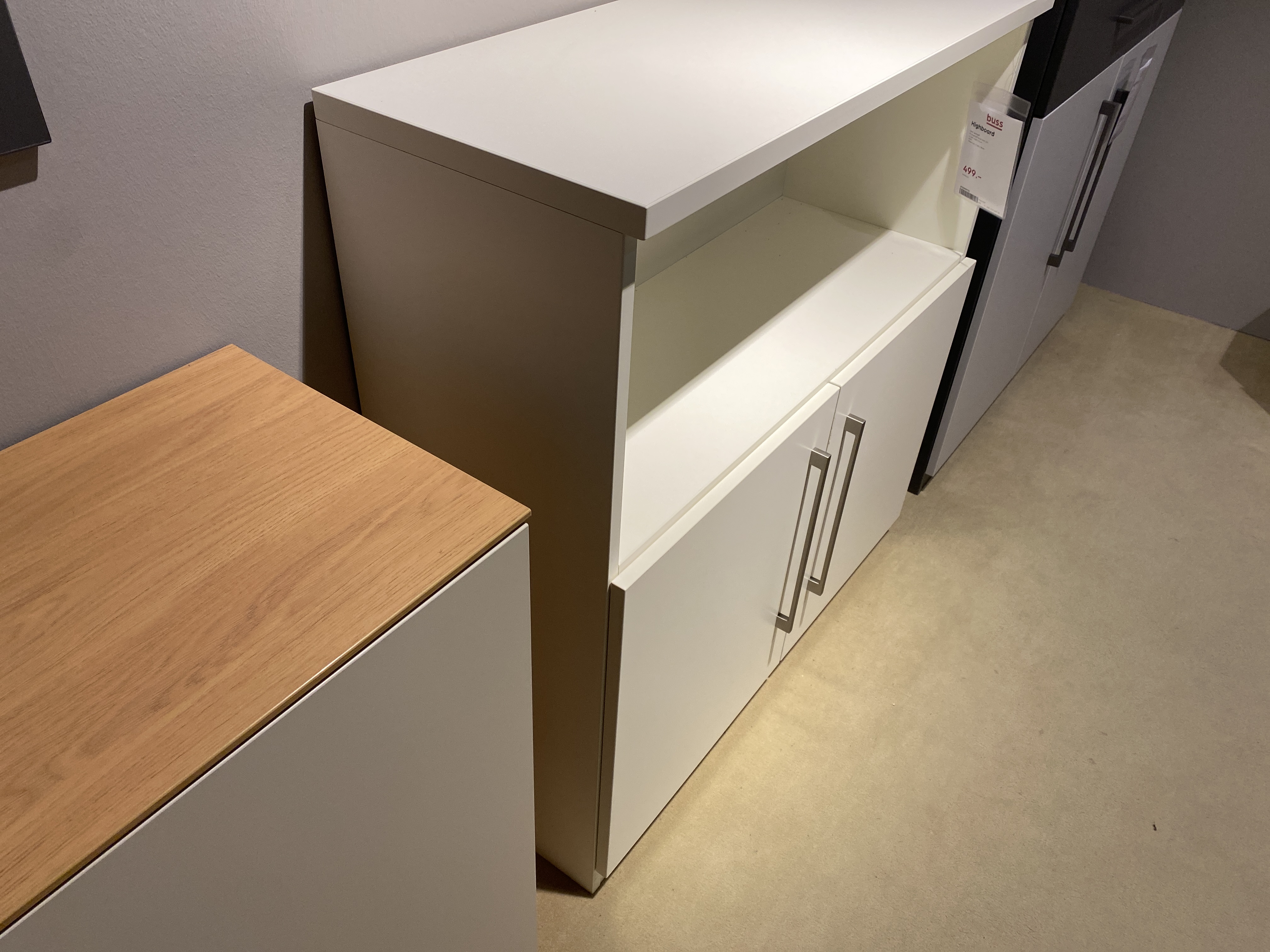 Highboard MULTIFLEX in Farbe Glattweiß, Sideboard, Weiß, Zwei Türen, Offenes Fach, Metallgriffe