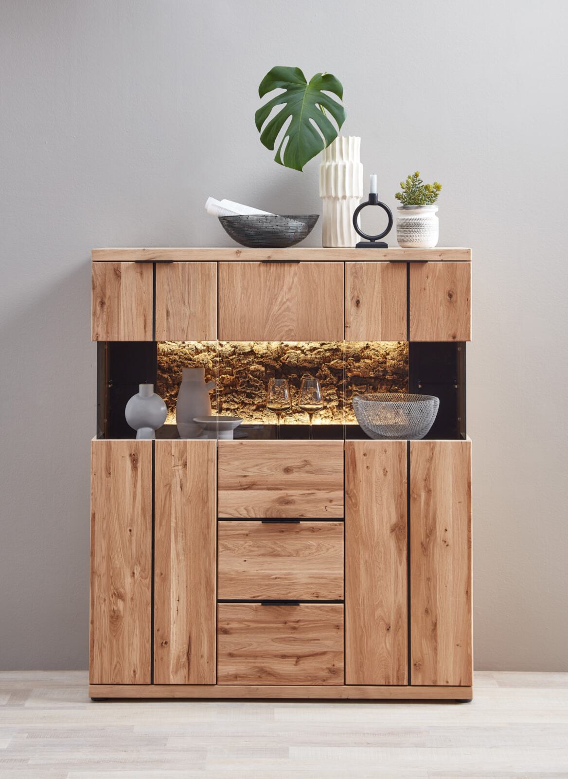 Wohn-Concept Highboard DONNA in Wildeiche Bianco massiv gebürstet, sideboard, Schrank, Holz, Aufbewahrung, Glasfront