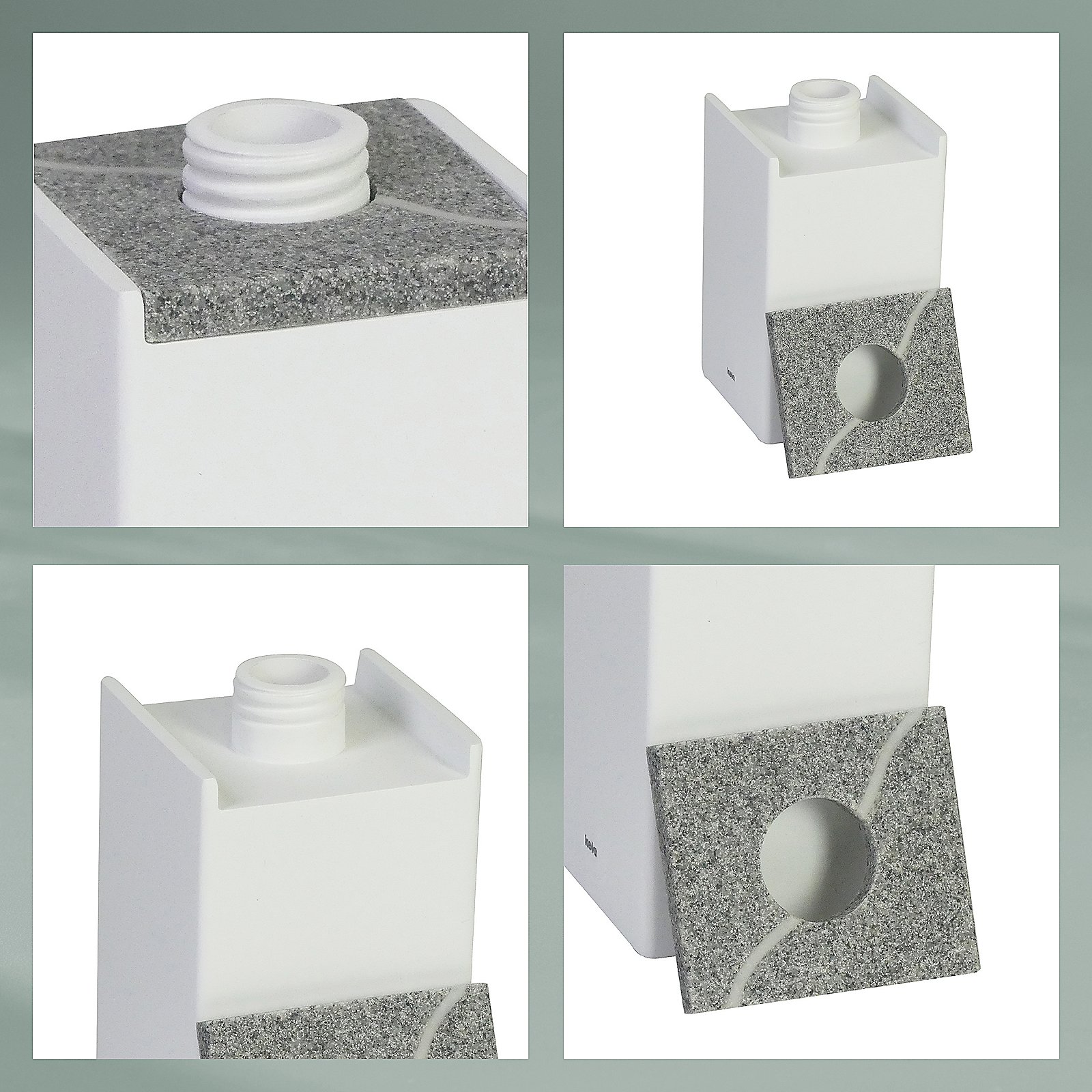 Kela Seifenspender Cube CUBE in Weiß, Kunststoffbehälter, Weiß, Fliese-Schaum, Grau-Stein, Ventilationsdeckel, _granit, edelstahl, lippe, Becken, Steinplatte