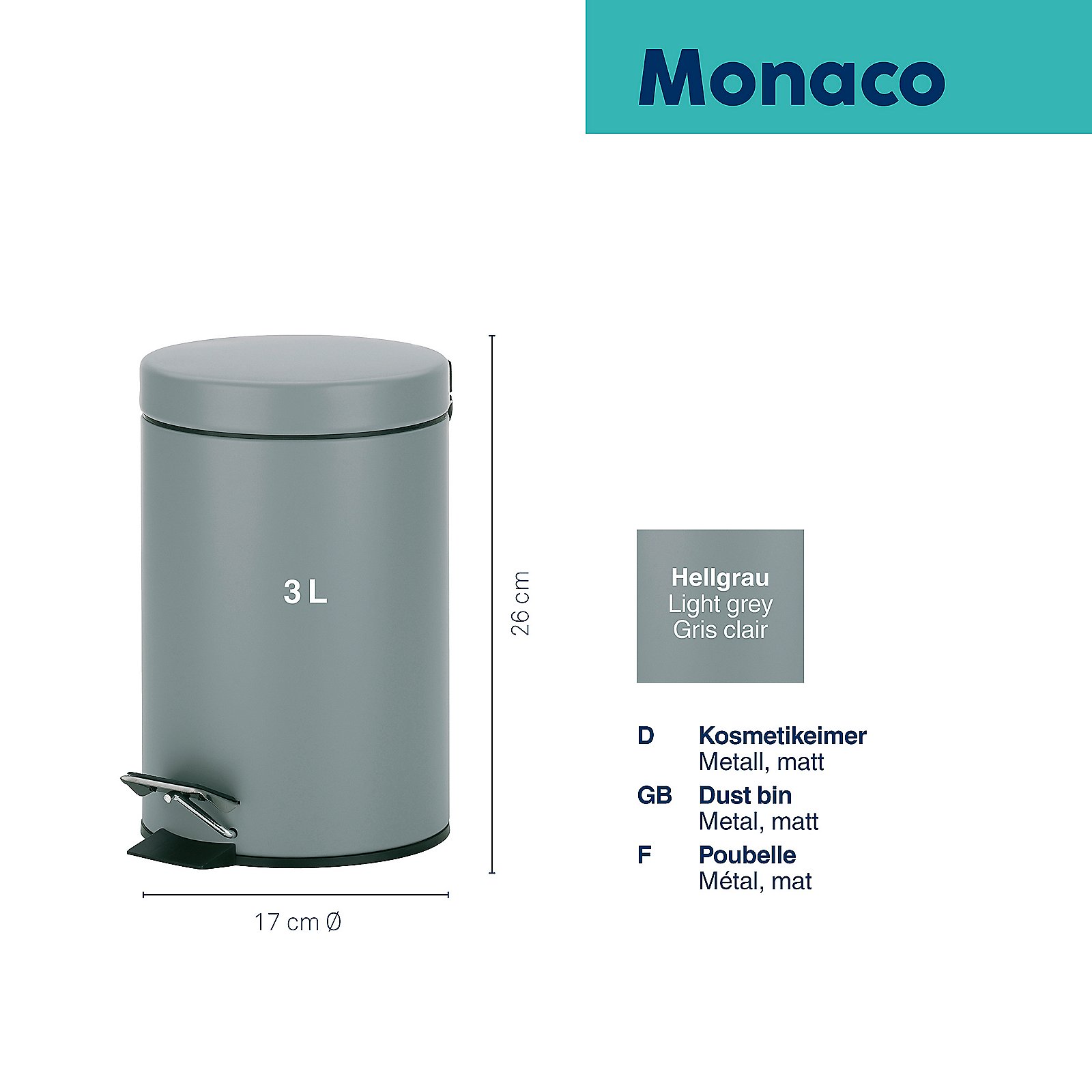 Kela Kosmetikeimer Monaco ROSE in Metall hellgrau, Kunststoffbehälter, Mülleimer, Trommelmülleimer, 3L Behälter, Hellgrau, Abfalleimer, Mülleimer, 2-3 L, Metall, Matt