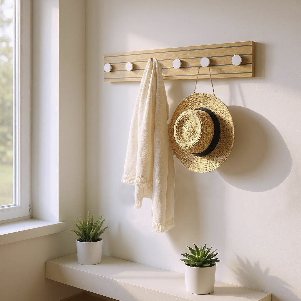 Haku Möbel Garderobenleiste POLAR 6 in Farbe Eiche natur, Kaschmirgrau, wandhaken, holzleiste, hut, hutschmuck, pflanzenhalterung, wandhaken, kleiderhaken, holz, hut, hat