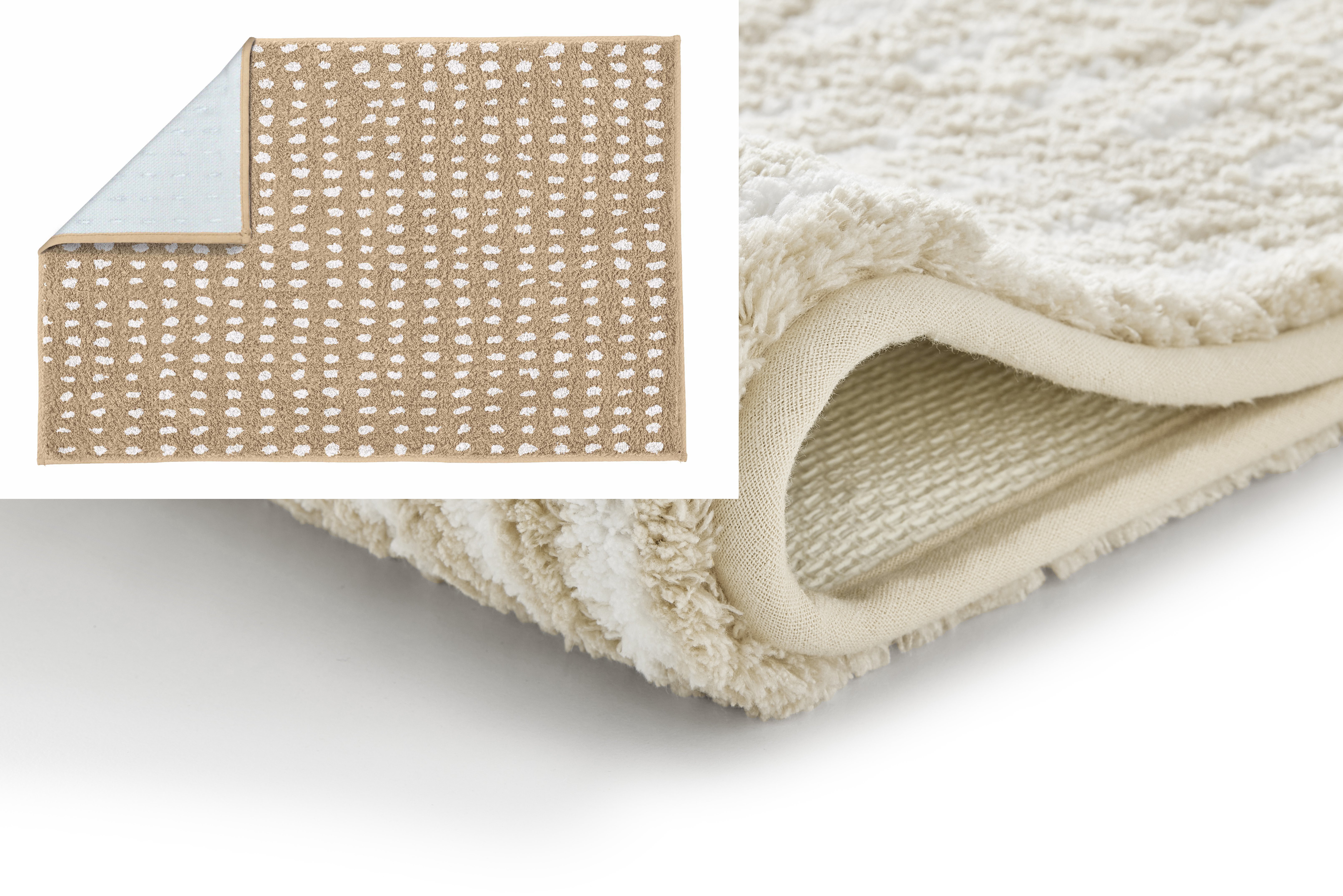 Kleine Wolke Badteppich DOTTINO ca. 60x90cm in Farbe Macadamia, Kelimamatte, Teppich, Rückseite Webstruktur, Beige, Polsterfläche, Teppich, Wollteppich, Beige, Karo-Details, Rückenfreundlich, Jacquard, Dusche Badeteppich, Badematte, Textilboden, Beige