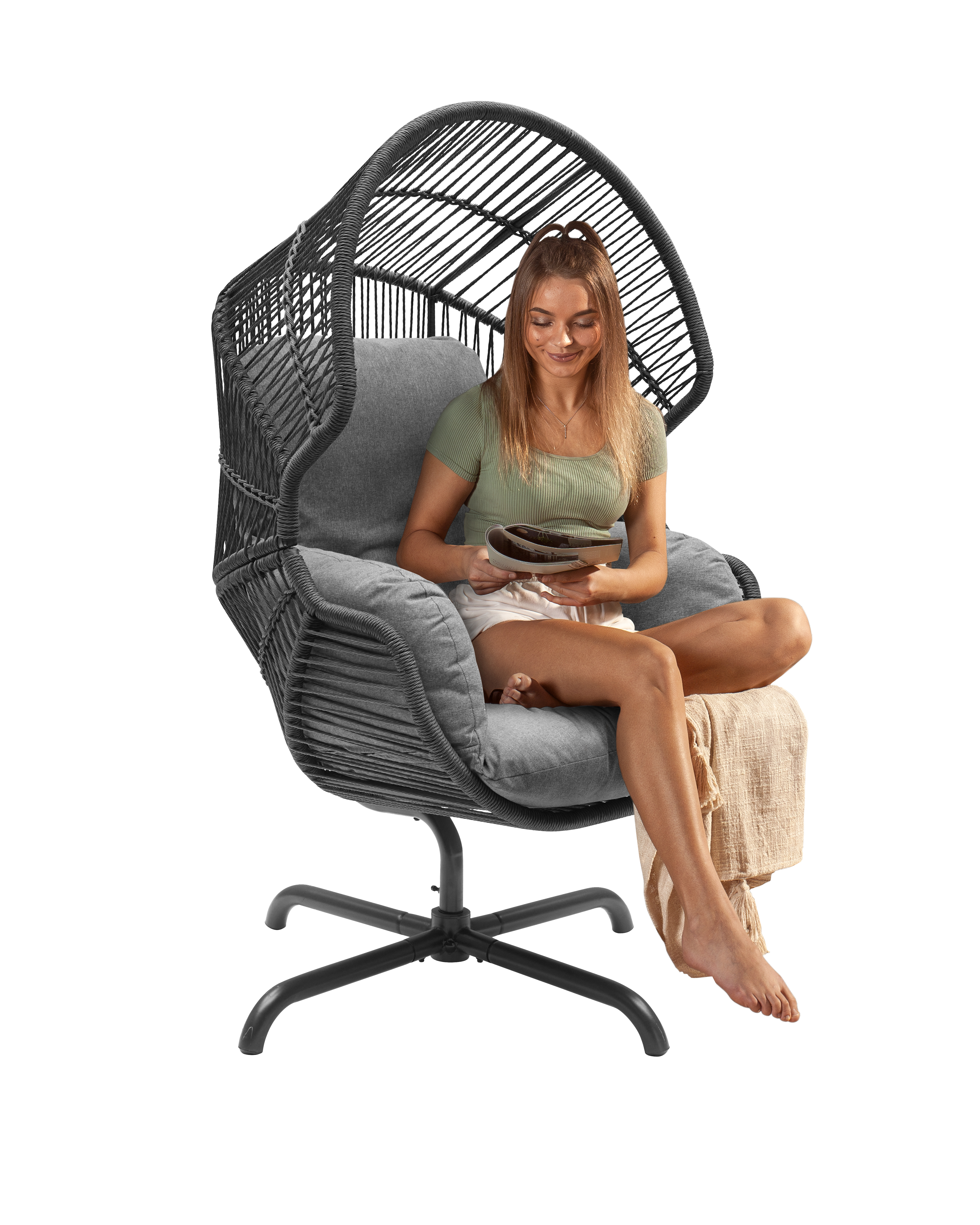 Lounge-Drehsessel in Grau, Sessel, Rattan-Sessel, Korb-Sessel, Gartenstuhl, Gartenmöbel