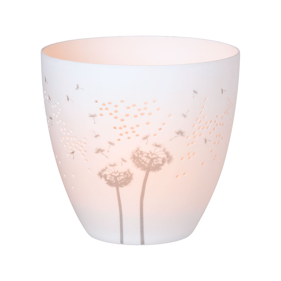 Poesielicht groß PUSTEBLUME in Farbe weiß, Teller, Porzellan, Löwenzahn, Blumenmuster, Rosélicht