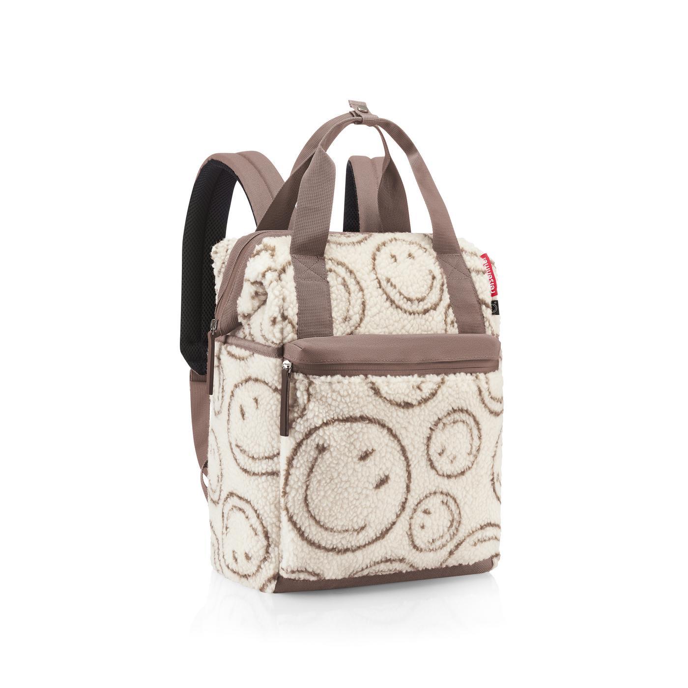 Reisenthel ALLROUNDER R in Farbe smiley® teddy chocolate, Rucksack, Fleece, Smiley Muster, Beige, Klein