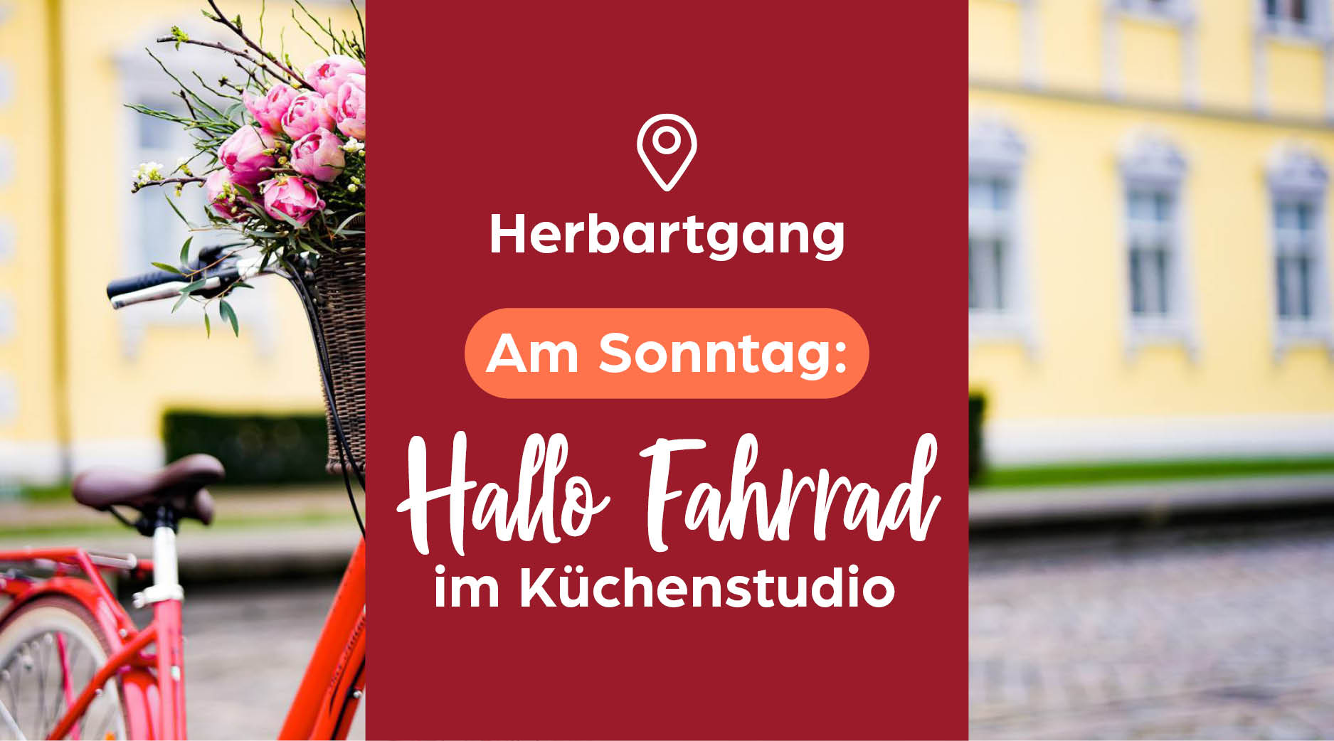 🛍️ Verkaufsoffener Sonntag im Küchenstudio Fahrrad, Blumenkorb, Hintergrund, Stadtbild, Rot