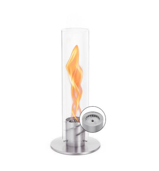 Tischfeuer SPIN 900 in silber H40,5cm Tischfeuer SPIN 900 in silber H40,5cm, Gasfeuerstelle, Tischkamin, Glaszylinder, Flammenkamin, Stahlbasis