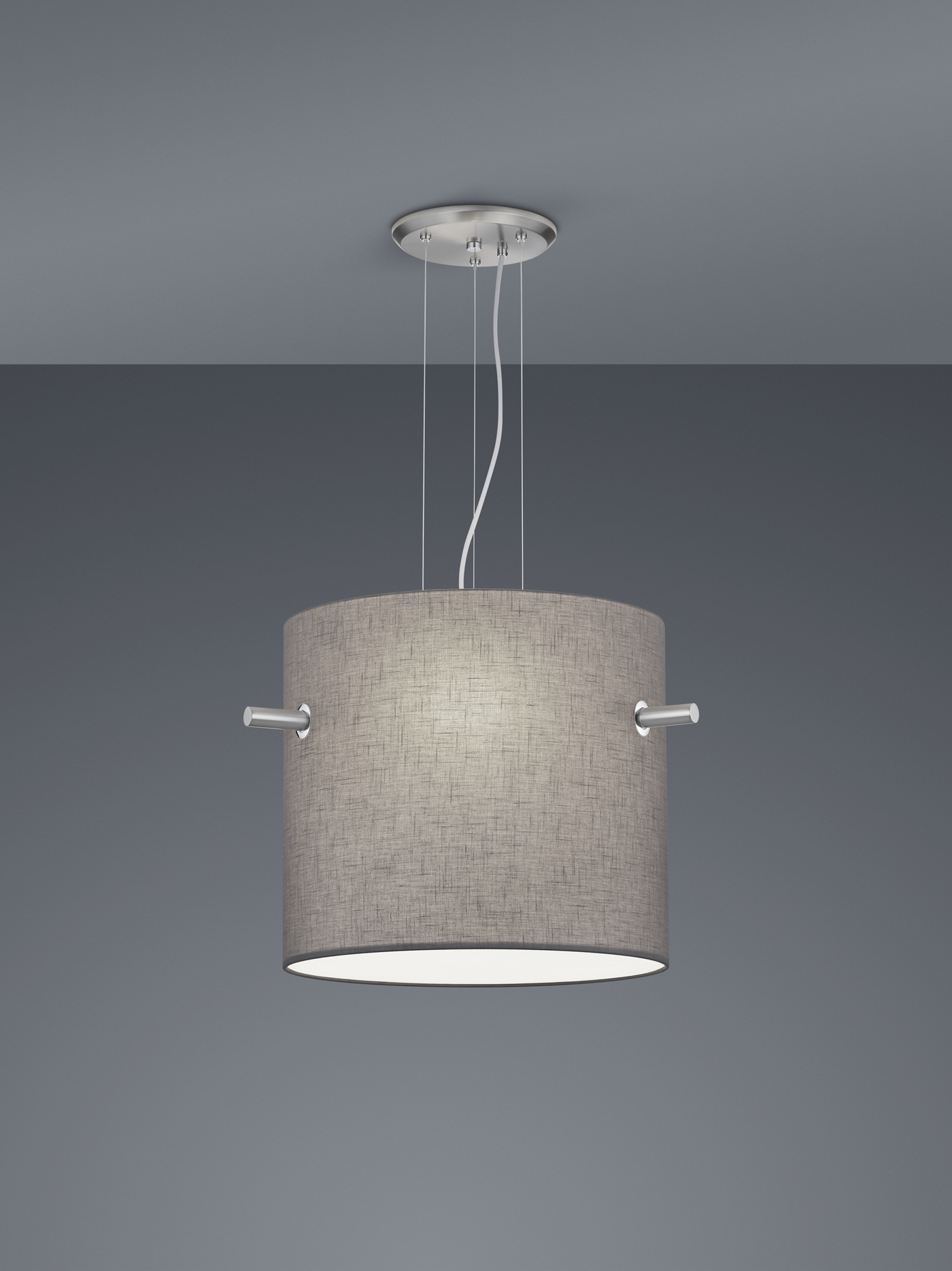 Trio Pendelleuchte CAMDEN 3-flammig in Farbe Nickel matt, Schirm Stoff grau Trio Pendelleuchte CAMDEN in Nickel matt, Schirm Stoff grau