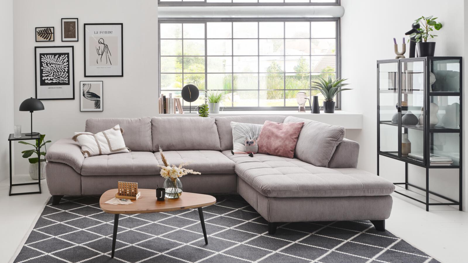 Polstergruppe VS-MP1028 ca. 306x197cm in Stoff Cord grey, Wohnzimmer, Sofa, Chaiselongue, Missoni-Muster, Teppich