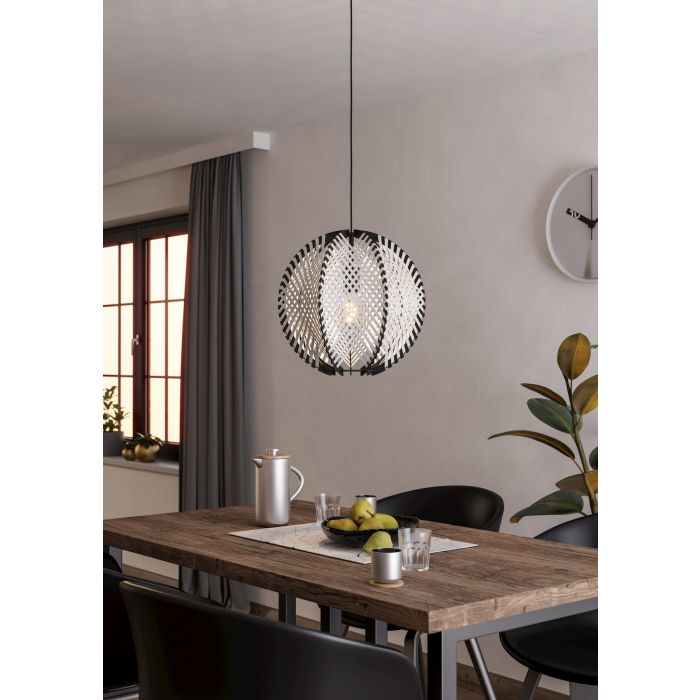 Eglo Leuchten Pendelleuchte WAVERTO in Textilband beige/Holz schwarz