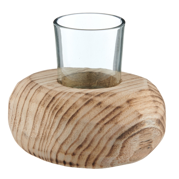 Windlicht 6025500-69 in Beige, Holzständer, Kerzenhalter, Holz, Glasbehälter, Rund