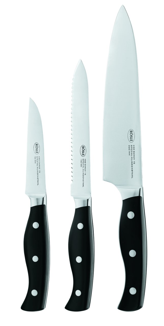 Messerset 3-tlg. in Silber, Kochmesser, Messer, Schwarzgriff, Stahlklinge, Dreier-Set