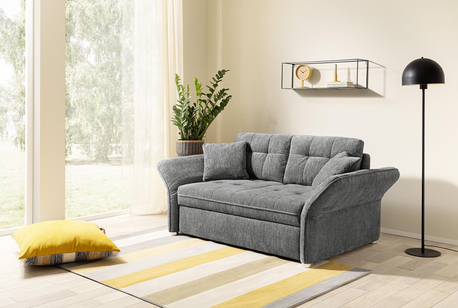 JOB Funktionssofa LEON ca. B147-191 H84 T105 cm in Dessin 443/09 Chenille grau, Lampe, Dekoration für Zuhause, Mobiliar, Couch, Pflanze