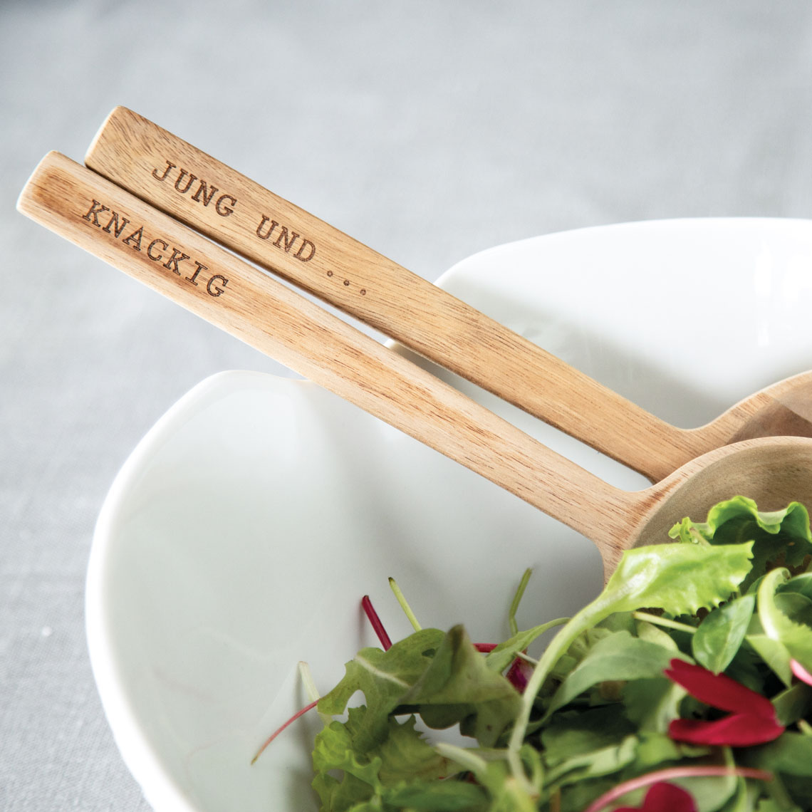 Salatbesteck Jung und Knackig, holz, kette, salatschüssel, salat, chopsticks