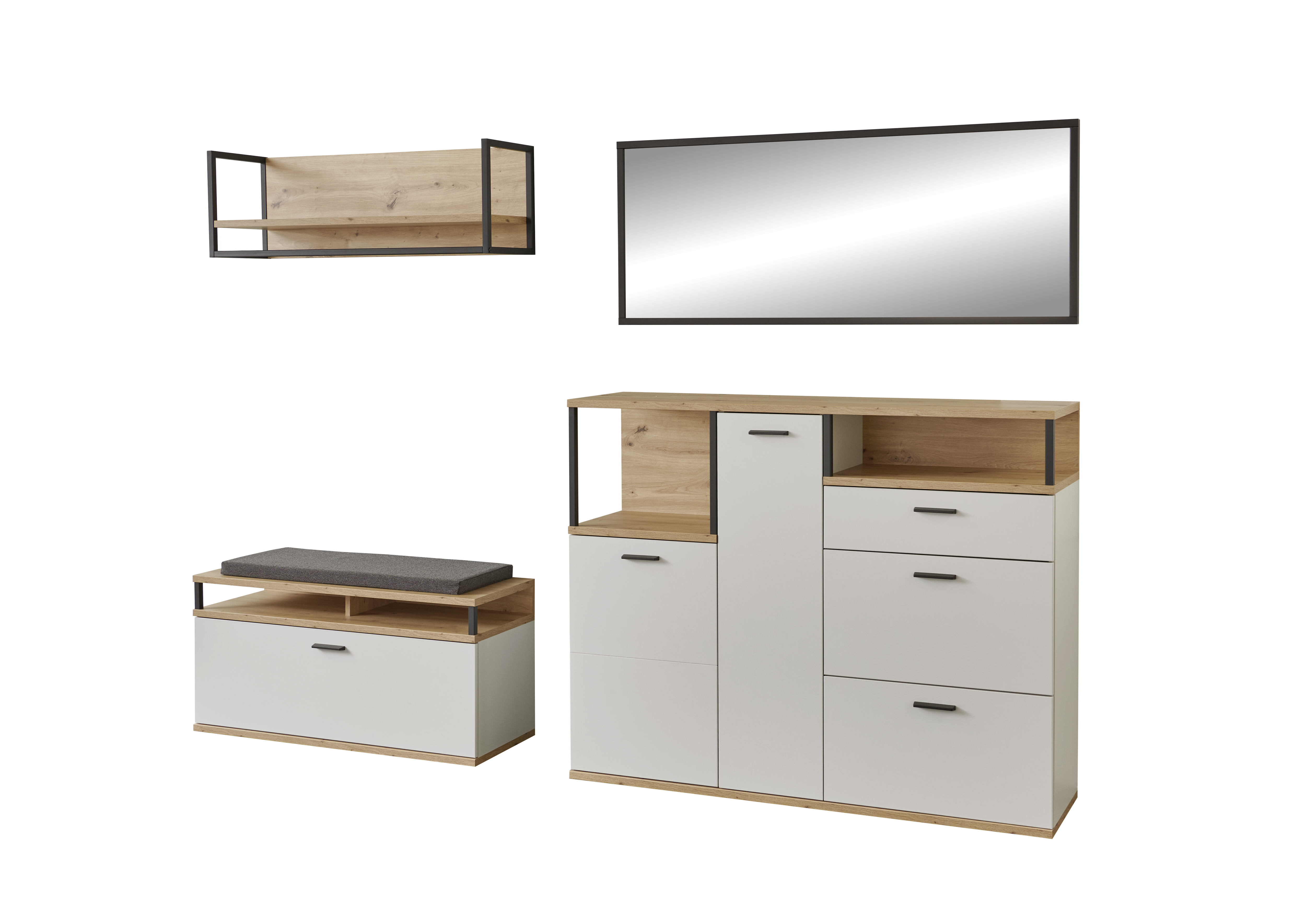 Garderobenkombination BASSET in Modern white melamin/Abs.Eiche, Wohnzimmermöbel, TV-Mehrfachregal, Wandregal, Kombination Möbel, Holzoptik