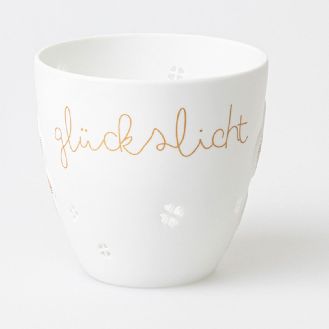 Poesielicht GLÜCKSLICHT in Farbe weiß/gold, keramikbecher, weiß, aktuellesmotiv, hufreifes design, hohleschnitt