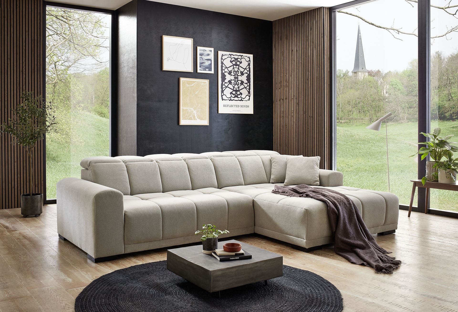 Iwaniccy Rundecke MASTER ca. 301x195cm in Stoff Curio hellgrau, Couch, Wohnzimmer, Innenarchitektur, Inneneinrichtung, Buch