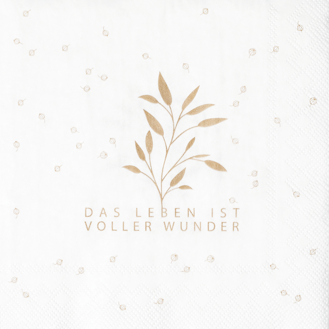 Cocktailserviette Das Leben ist voller Wunder, Papierserviette, Weiß, Blatt mit Muster, Goldene Pflanzengröße, Text DAS LEBEN IST VOLLER WUNDER