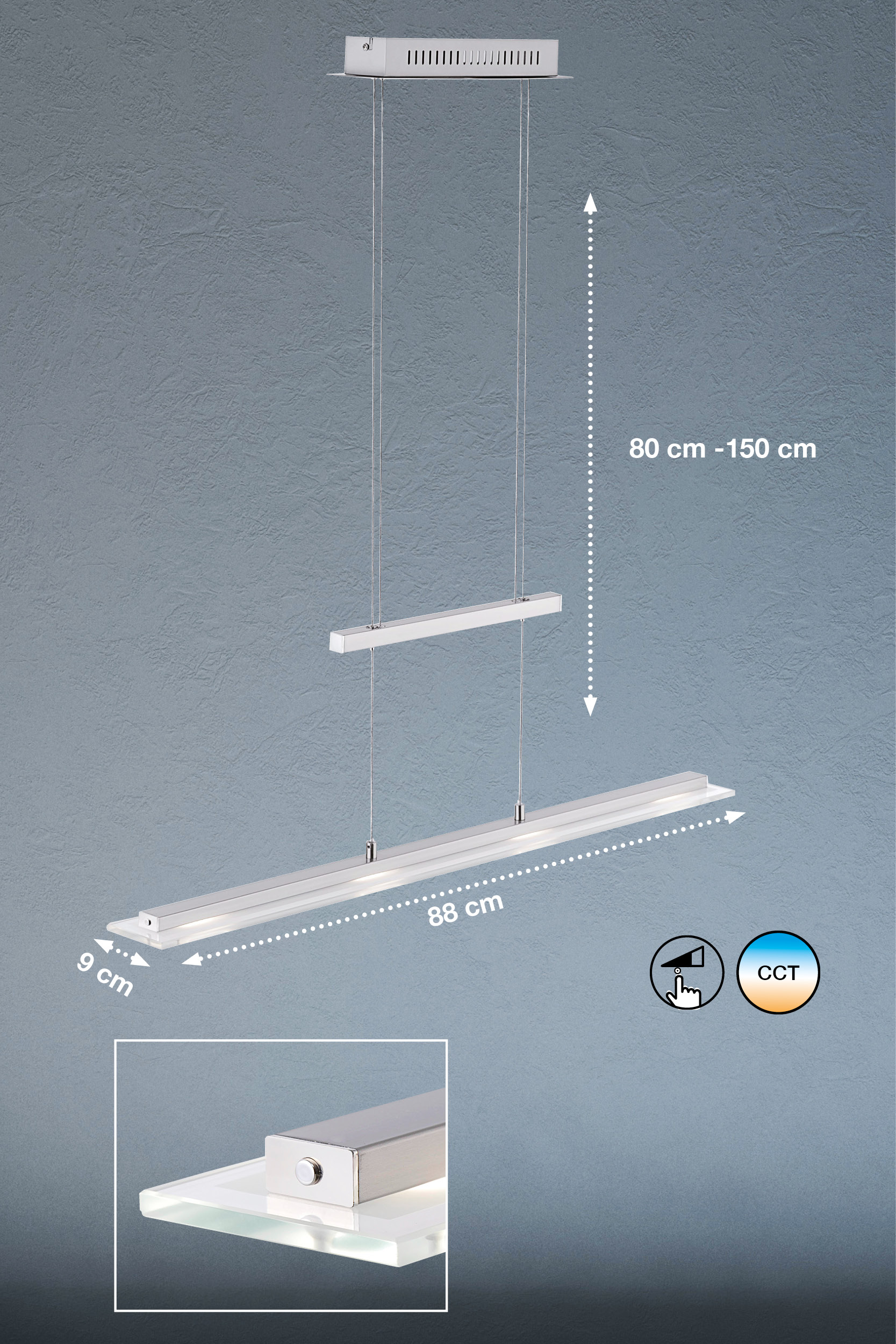 Fischer & Honsel LED-Pendelleuchte TENSO TW ca. B9 L88 cm in Nickel matt/Chrom, Glas teils.