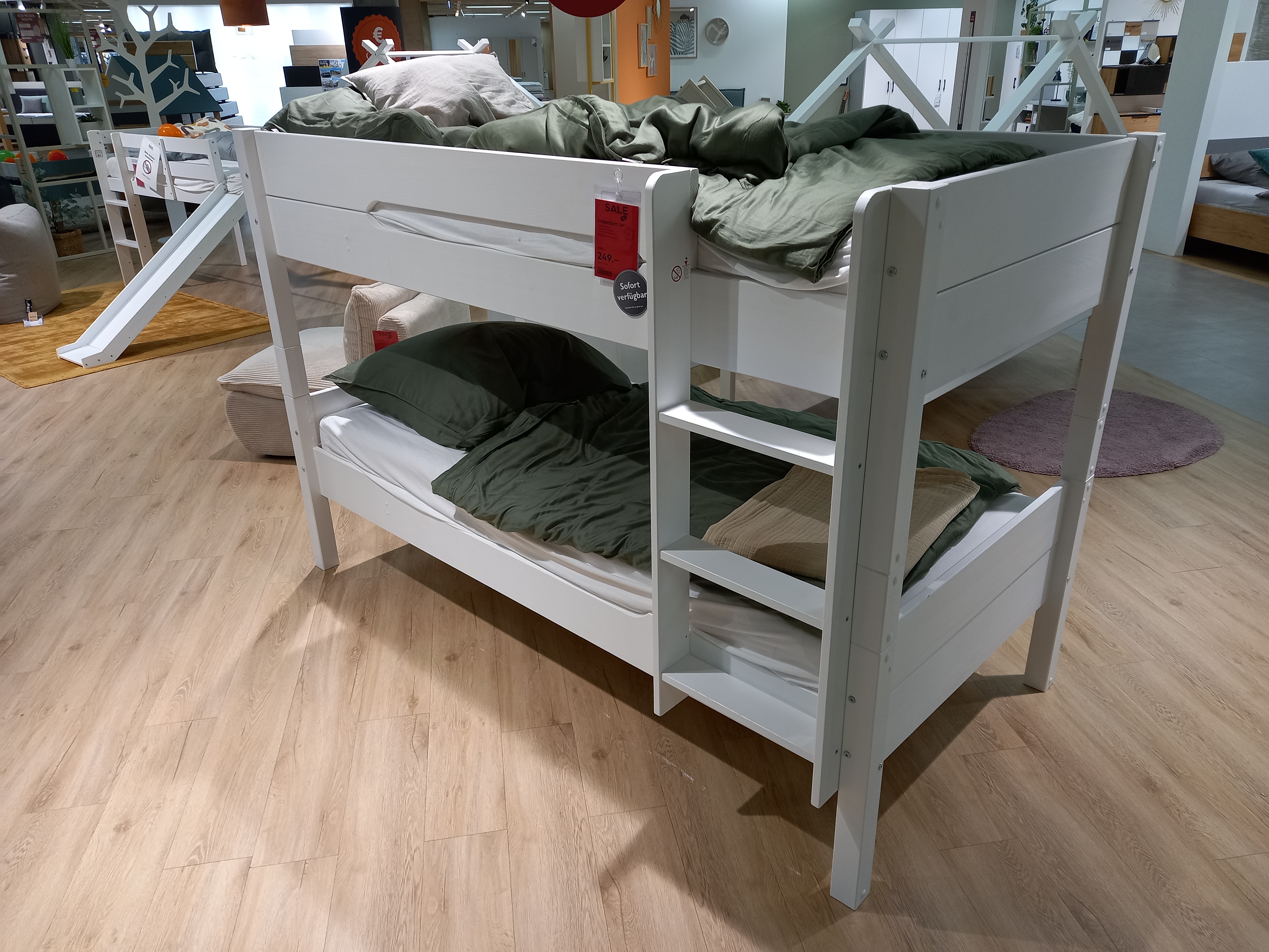 Etagenbett Set SOUND in Weiß, Etagenbett, weißes Holz, integrierte Leiter, Rausfallschutz, Rutsche