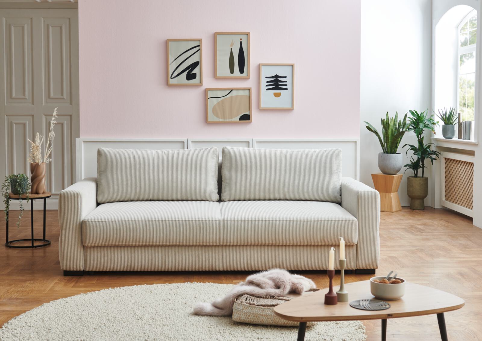 Querschläfer Linett Beige Restyl Schlafsofa Linett ca. 160x200cm in Stoff Cord natur