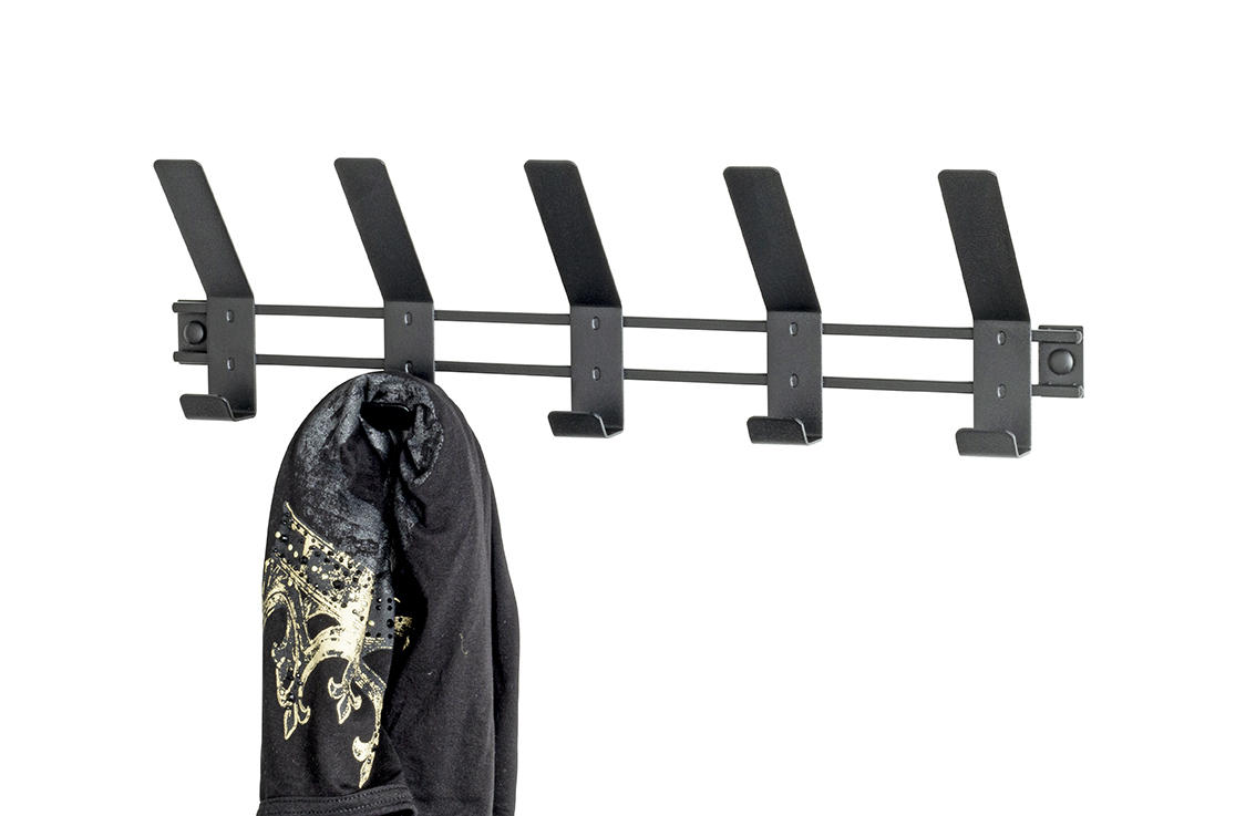 Garderobenleiste in Schwarz, hakenleiste, wandhakenleiste, kleiderhaken, schuhhaken, metallhalterung, schalengrabber, wandhaken, hakenleiste, coatrack, aufhängung