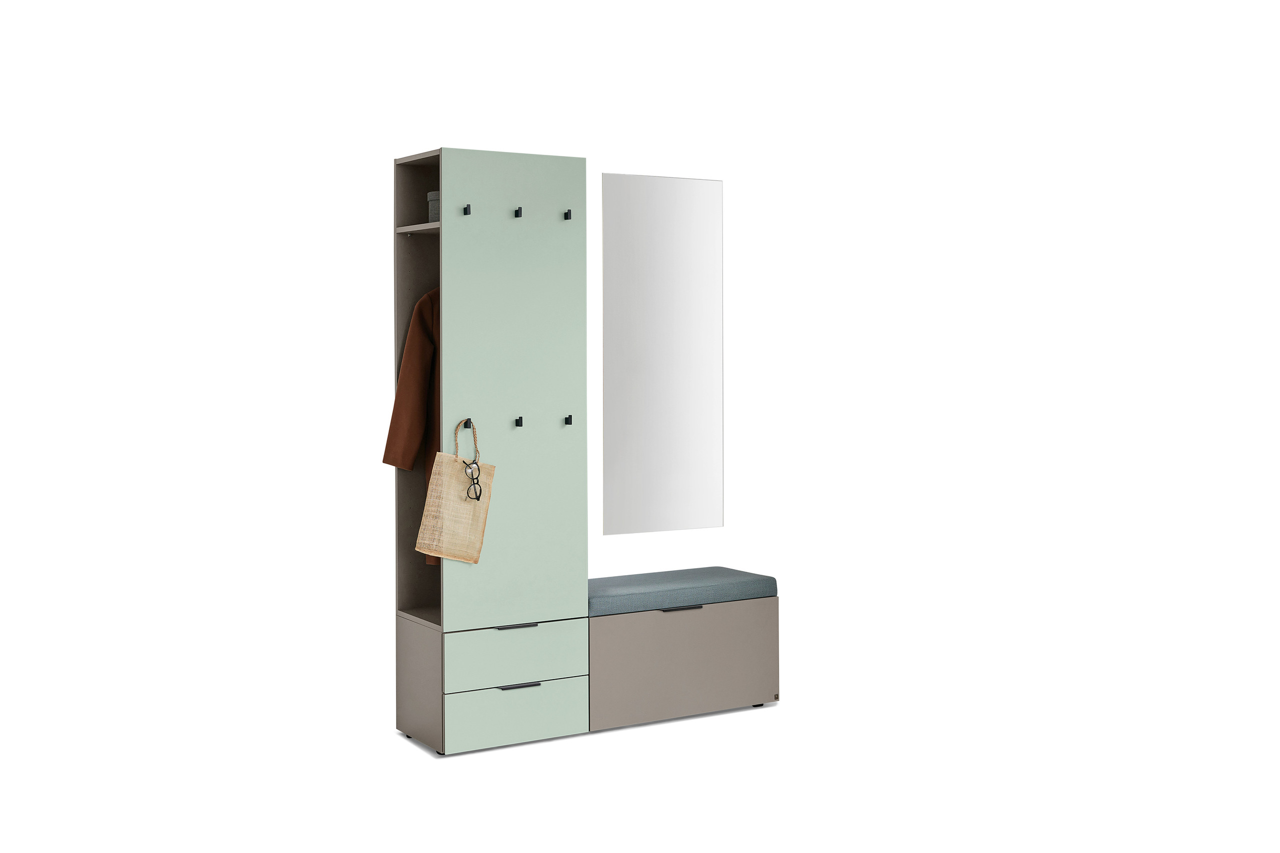 Musterring Garderobenkombination OVIDA ca.B138 H202 T40 cm in Vuklangrau, Garderobe, Schrank, Hakenleisten, Aufbewahrung, Sitzbank