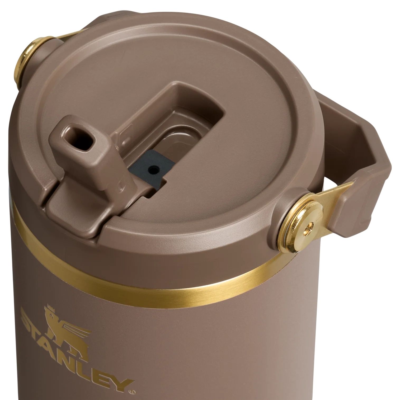 Stanley IceFlow™ Flip Straw Tumbler in Farbe Espresso Gold, Kaffeekanne, Kaffee-Trichter, Braungrau, Trinkverschluss, Griffverschluss