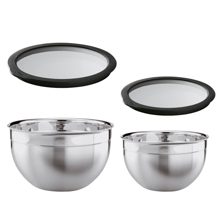 Schüssel Set 2-tlg. in Edelstahl, stahl, salatschüssel, mixschüssel, glasdeckel, set