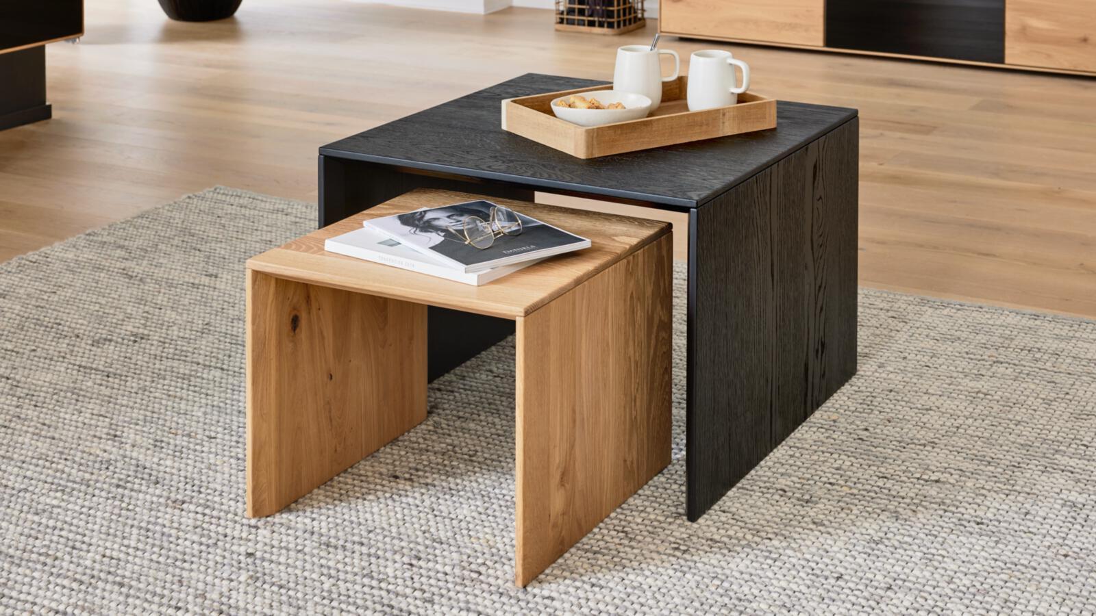 // Couchtisch-Set // Eiche schwarz geölt // Asteiche Bianco // ca. 45x45/65x65 cm, Couchtisch, verschachtelte Tische, Holztisch, Zweifarbig, Wohnzimmermöbel