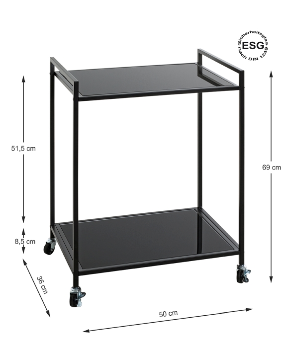Haku Möbel Servierwagen MELBOURNE 2 aus Sicherheitsglas schwarz/Gestell Stahlrohr schwarz